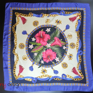 Square silk scarf printed with 3 flowers 90*90cm